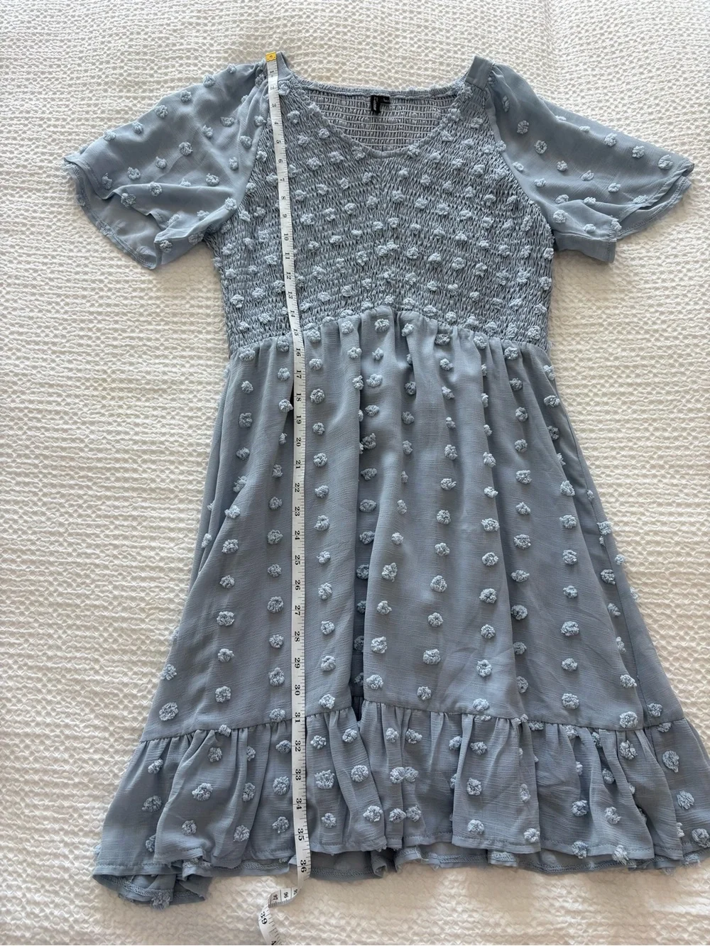 Blue Swiss Dot Smocked Babydoll Dress Cottagecore Mini Dress - L - Picture 9 of 9